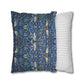 Two pillows, one with a blue floral pattern and the other with a white and gray striped pattern, on a white background.