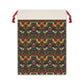 A rectangular Christmas Santa Sack with a floral pattern inspired by William Morris, featuring birds and flowers in a repeat design, with red drawstrings.