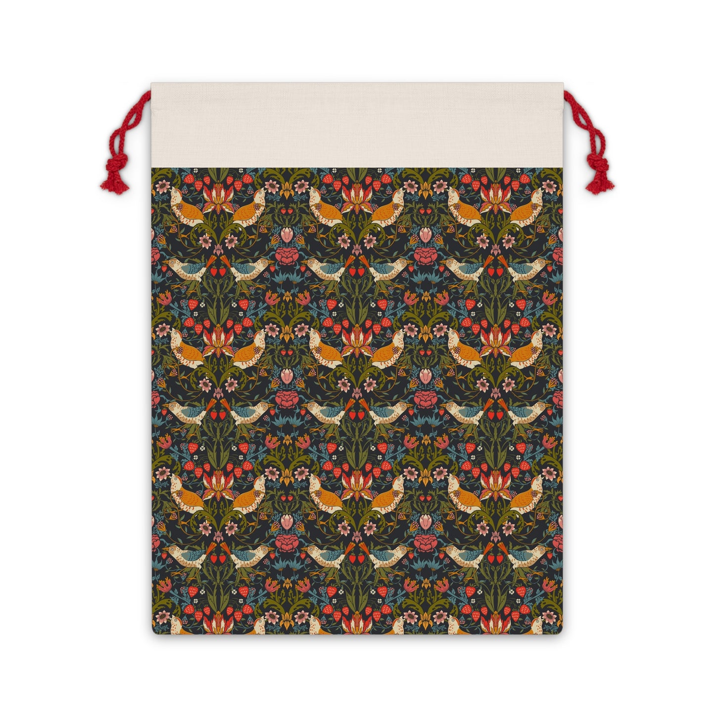 A rectangular Christmas Santa Sack with a floral pattern inspired by William Morris, featuring birds and flowers in a repeat design, with red drawstrings.