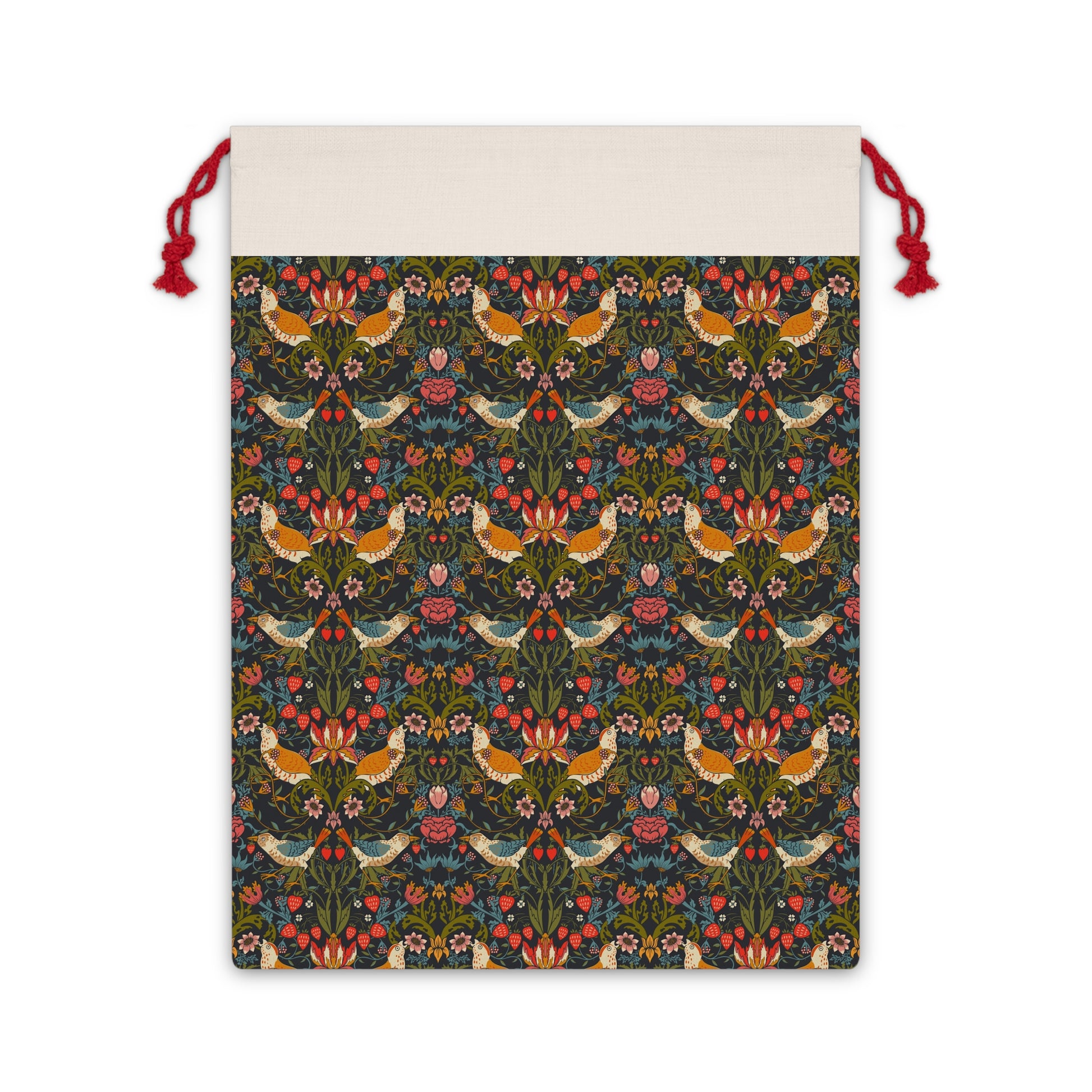 A rectangular Christmas Santa Sack with a floral pattern inspired by William Morris, featuring birds and flowers in a repeat design, with red drawstrings.