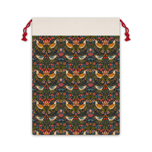 A rectangular Christmas Santa Sack with a floral pattern inspired by William Morris, featuring birds and flowers in a repeat design, with red drawstrings.