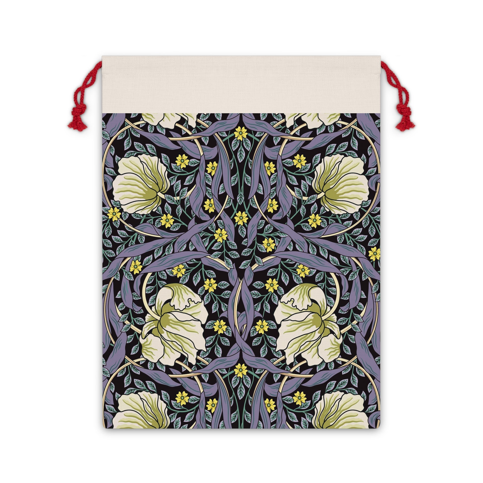 A rectangular Christmas-themed linen drawstring bag with a floral pattern, primarily in purple and green colours, and a red drawstring at the top.