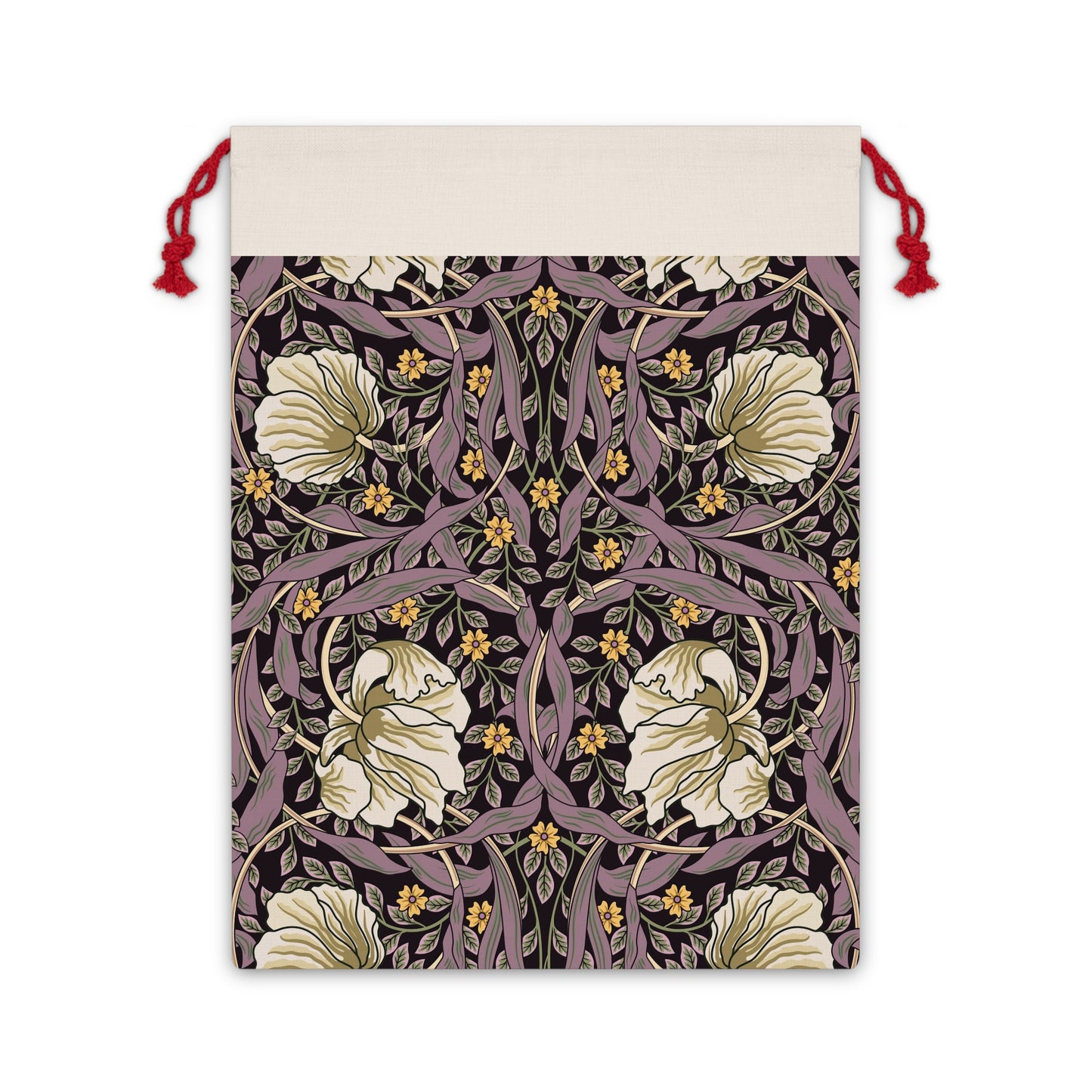 A rectangular Christmas gift bag with a floral pattern inspired by William Morris - Pimpernel Collection in a rosewood colour.