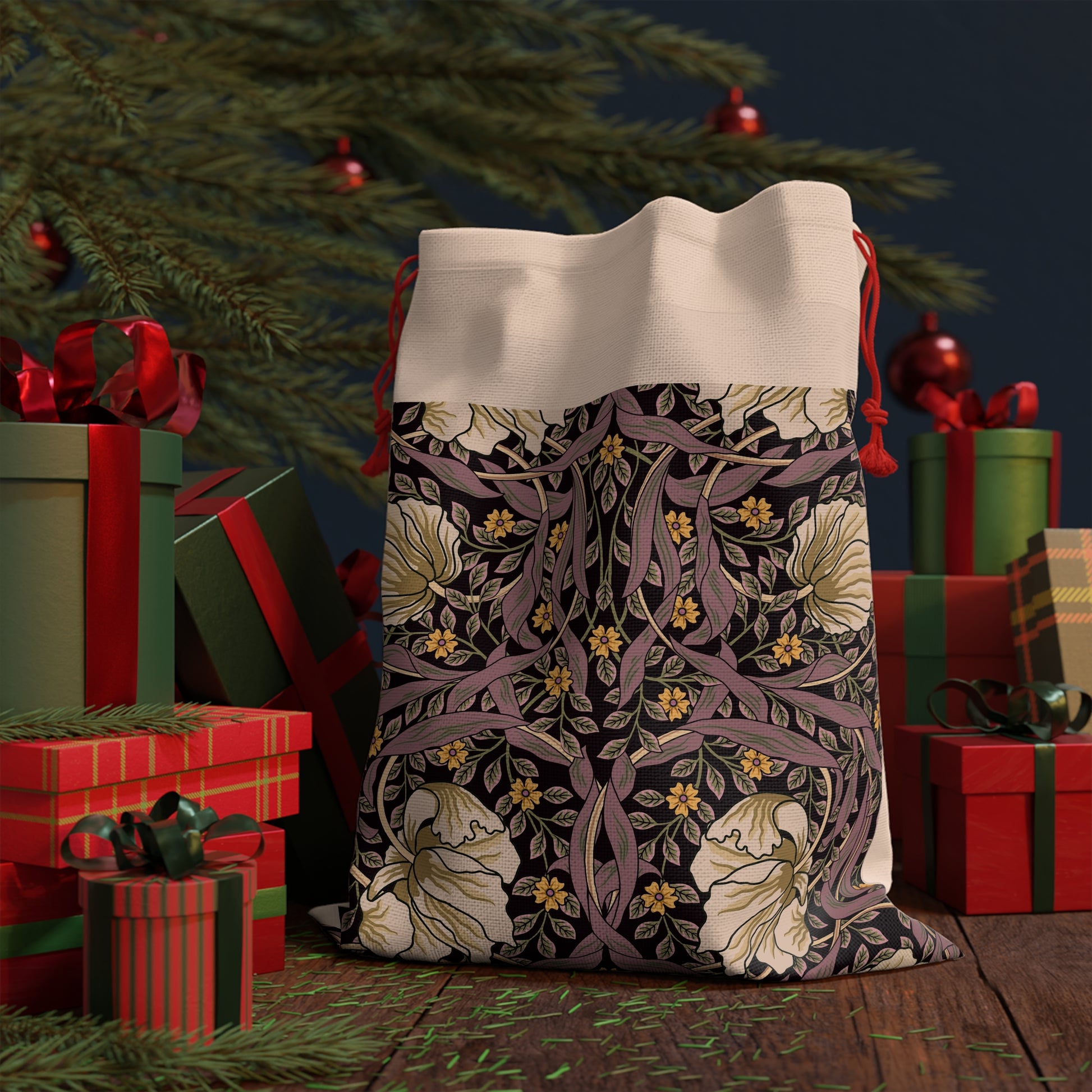 A rectangular Christmas gift bag with a floral pattern inspired by William Morris - Pimpernel Collection in a rosewood colour.
