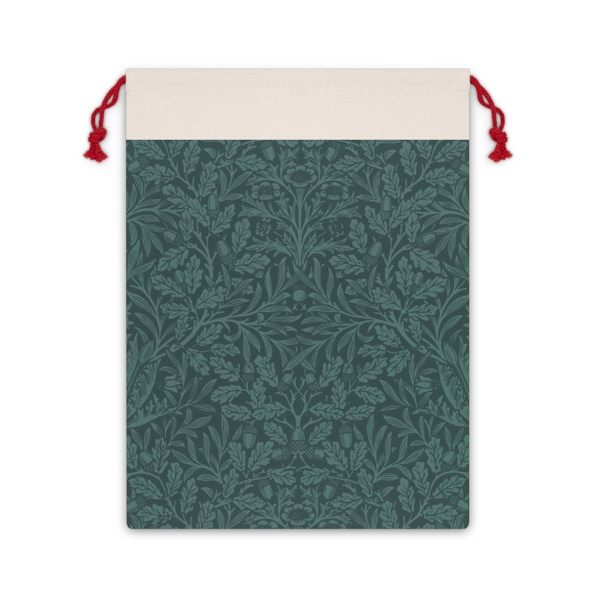 A teal Christmas Santa sack with an acorn and oak leaves pattern, inspired by William Morris. It features a beige top with a drawstring closure and red ties.