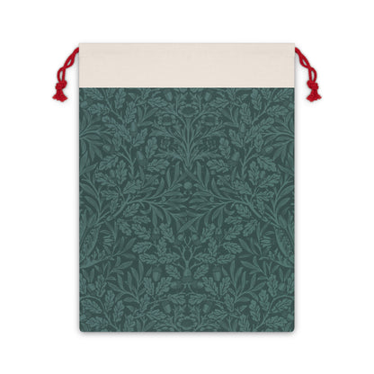A teal Christmas Santa sack with an acorn and oak leaves pattern, inspired by William Morris. It features a beige top with a drawstring closure and red ties.