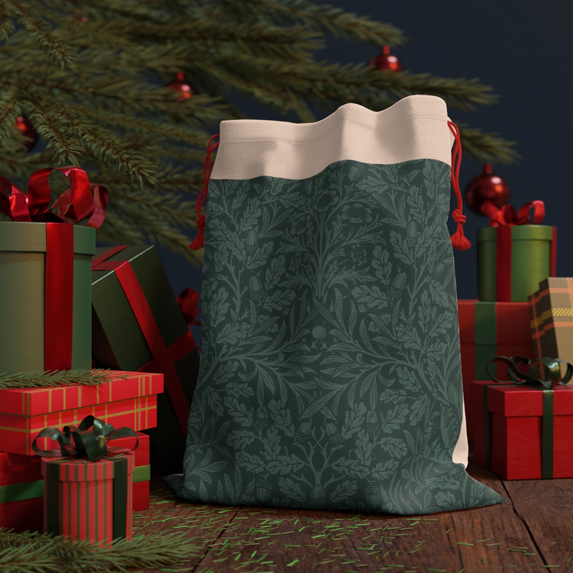 A teal Christmas Santa sack with an acorn and oak leaves pattern, inspired by William Morris. It features a beige top with a drawstring closure and red ties.