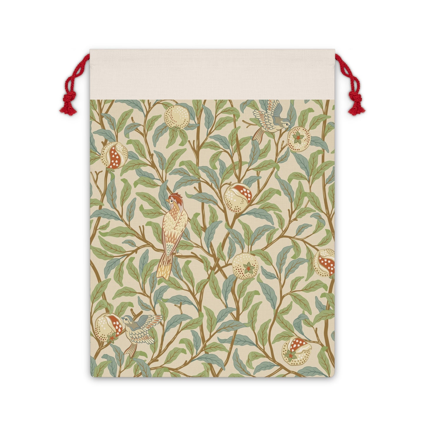 A Christmas Santa sack with a parchment colour, featuring a bird and pomegranate design inspired by William Morris & Co.
