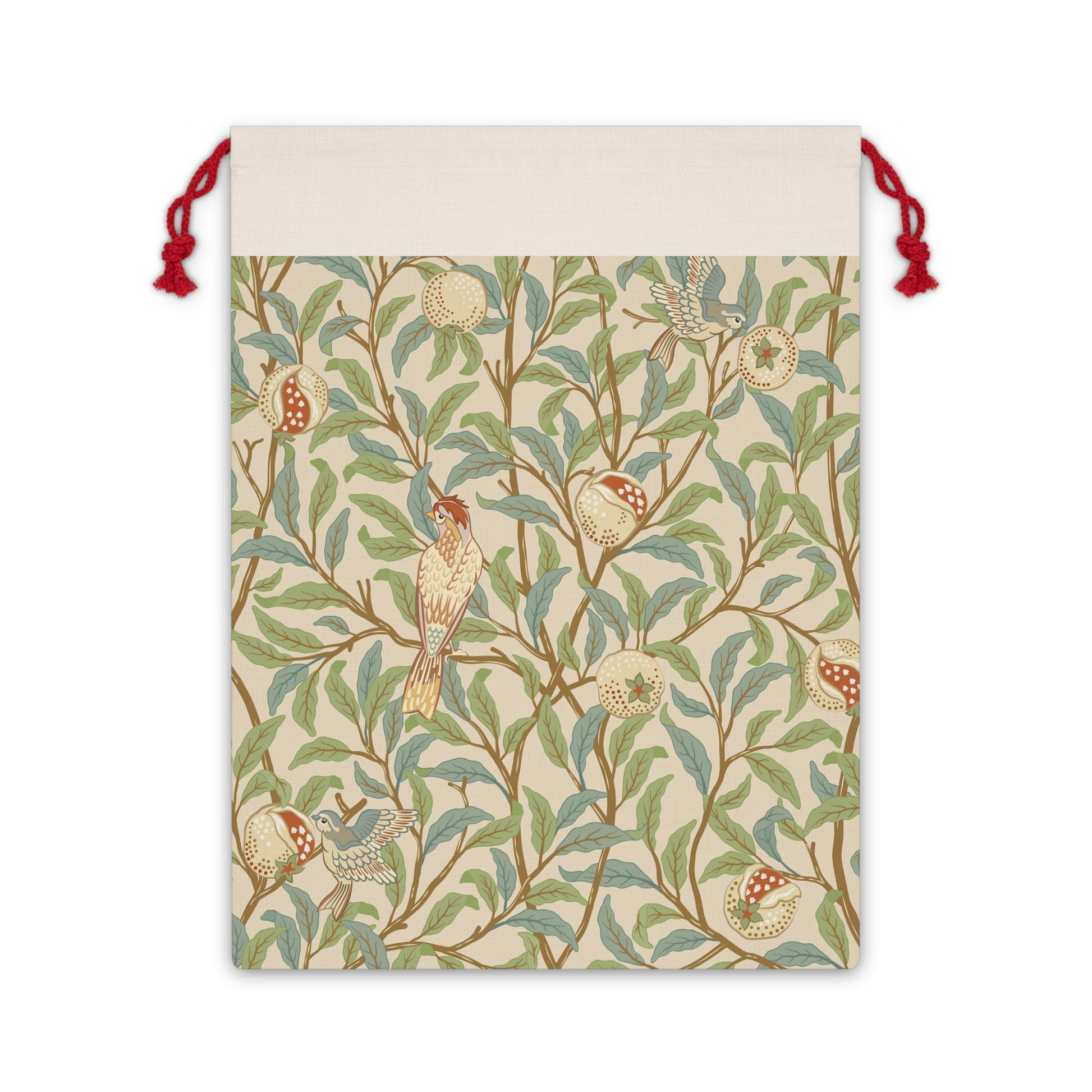 A Christmas Santa sack with a parchment colour, featuring a bird and pomegranate design inspired by William Morris & Co.