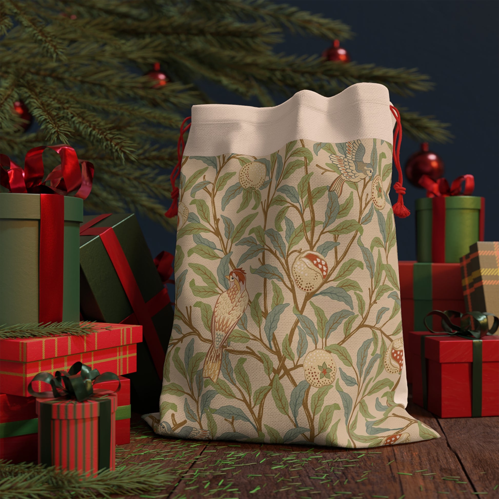 A Christmas Santa sack with a parchment colour, featuring a bird and pomegranate design inspired by William Morris & Co.