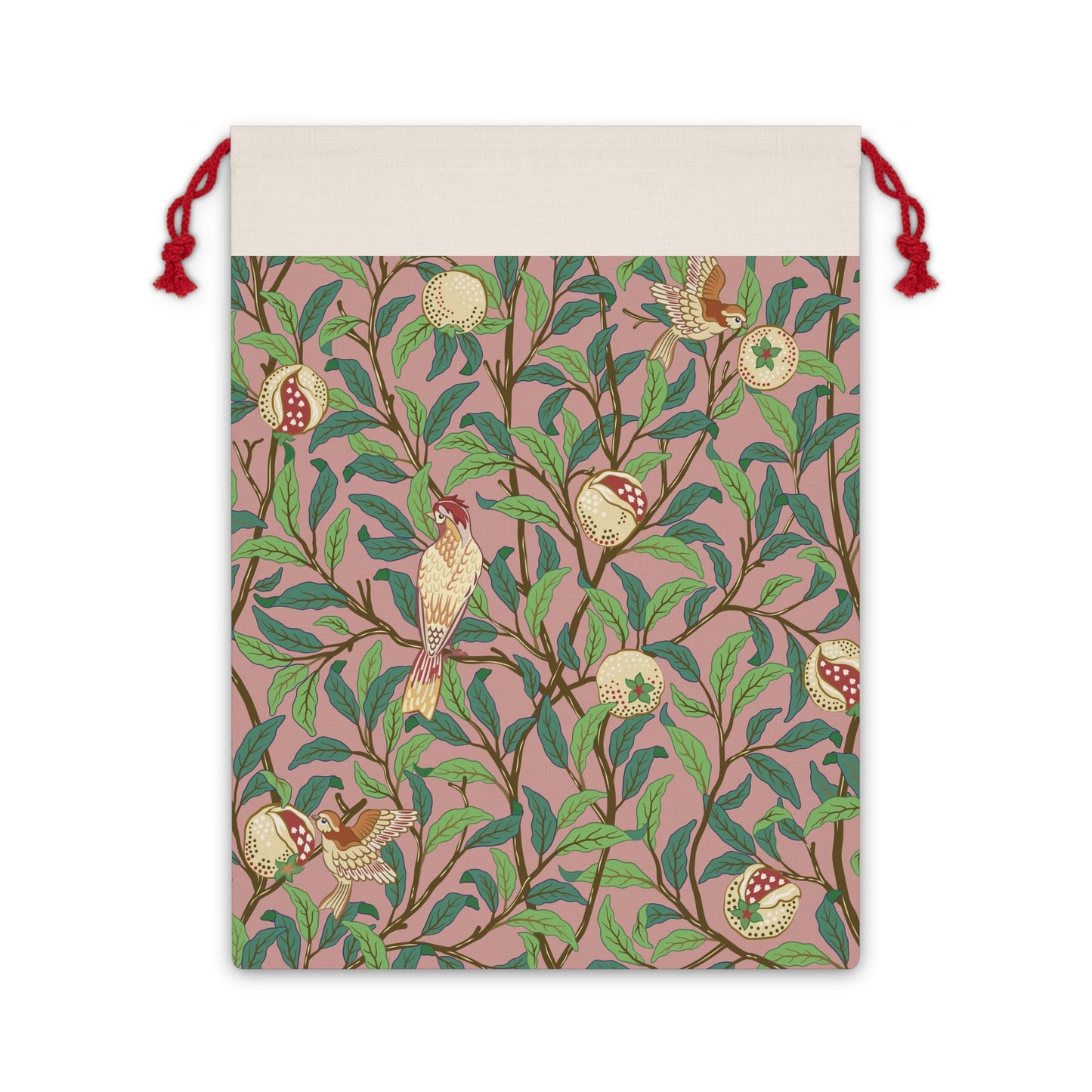 A rectangular Christmas Santa Sack with a pattern of birds and pomegranates in red, green, and beige colours, and red drawstrings.