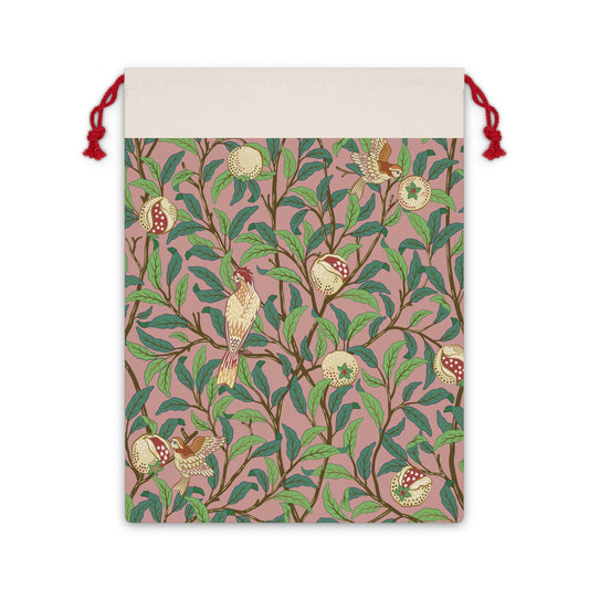 A rectangular Christmas Santa Sack with a pattern of birds and pomegranates in red, green, and beige colours, and red drawstrings.