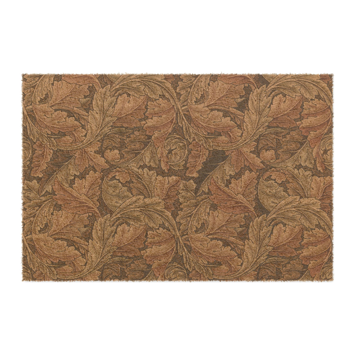 A rectangular coconut coir doormat with an intricate brown leaf William Morris & Co pattern and a solid black vinyl backing, designed for indoor and outdoor use.
