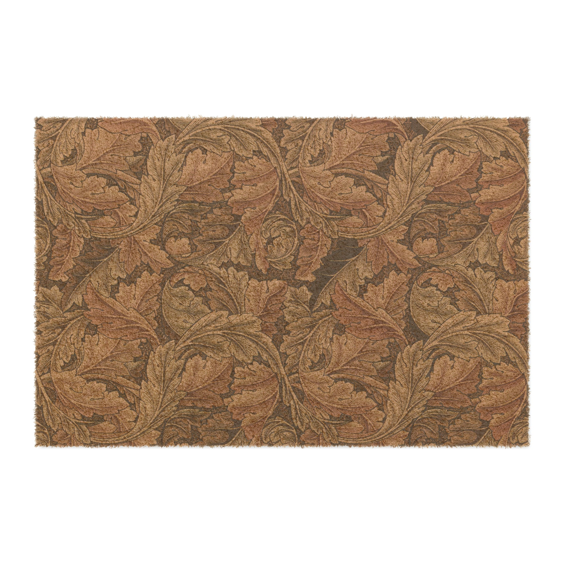 A rectangular coconut coir doormat with an intricate brown leaf William Morris & Co pattern and a solid black vinyl backing, designed for indoor and outdoor use.