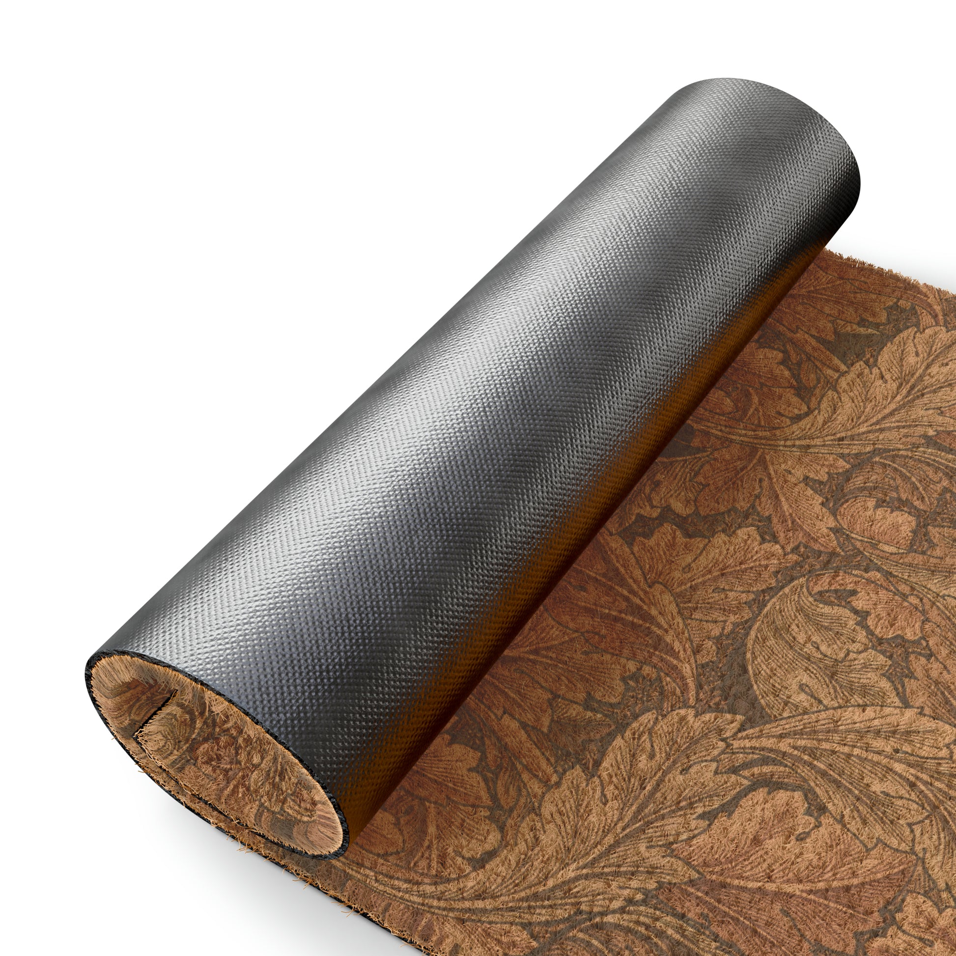 A rectangular coconut coir doormat with an intricate brown leaf William Morris & Co pattern and a solid black vinyl backing, designed for indoor and outdoor use.