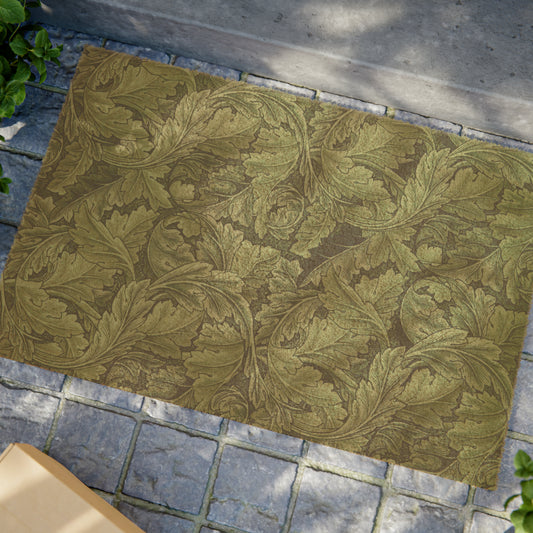 A rectangular green doormat with a floral pattern inspired by William Morris - Acanthus Collection.