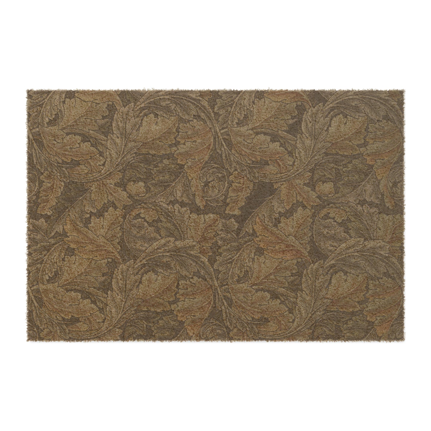 A rectangular doormat with an intricate grey pattern inspired by William Morris's designs, featuring a leaf motif. The doormat has a coarse texture and a black vinyl backing.
