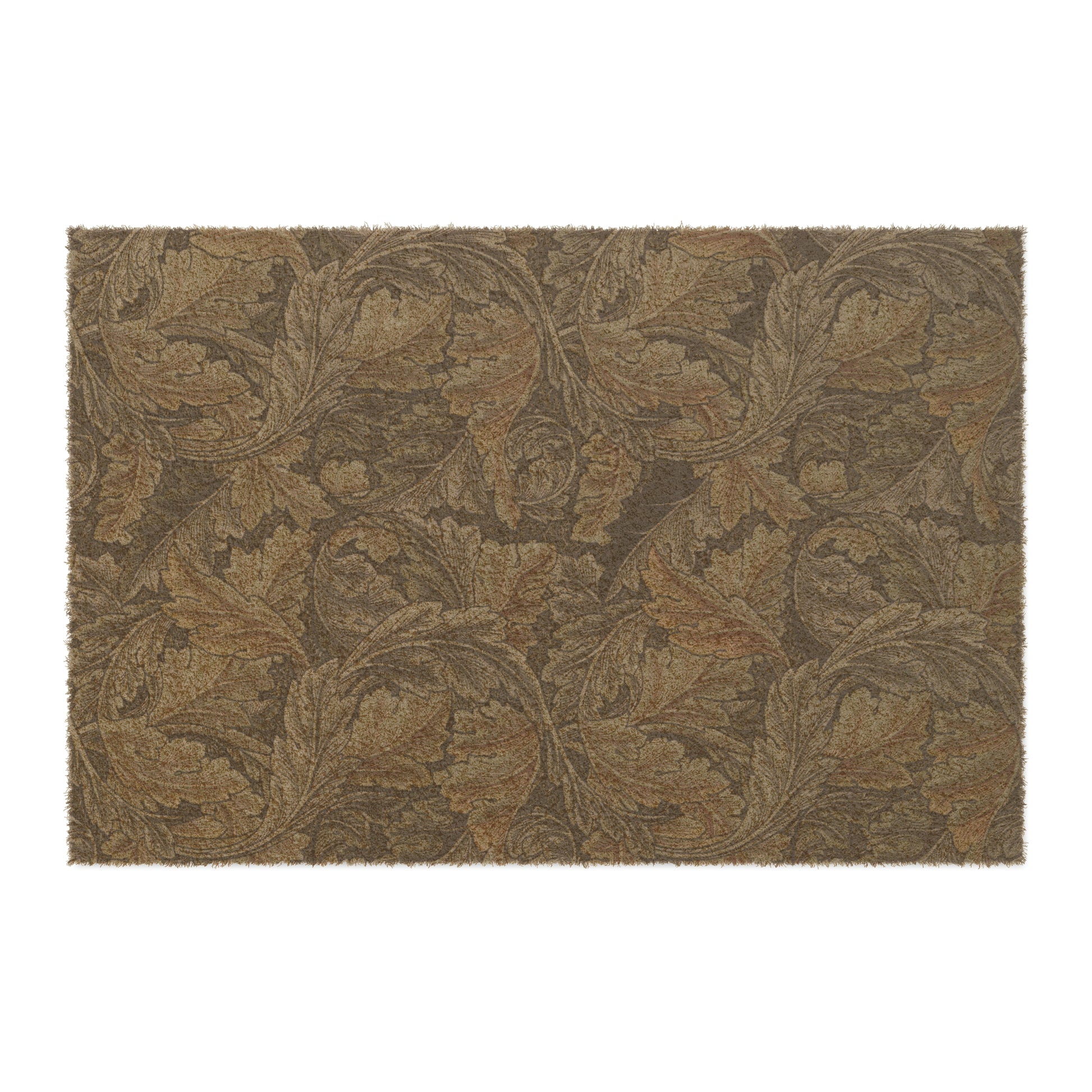 A rectangular doormat with an intricate grey pattern inspired by William Morris's designs, featuring a leaf motif. The doormat has a coarse texture and a black vinyl backing.