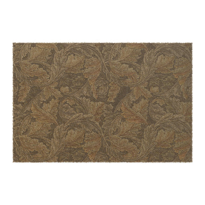 A rectangular doormat with an intricate grey pattern inspired by William Morris's designs, featuring a leaf motif. The doormat has a coarse texture and a black vinyl backing.