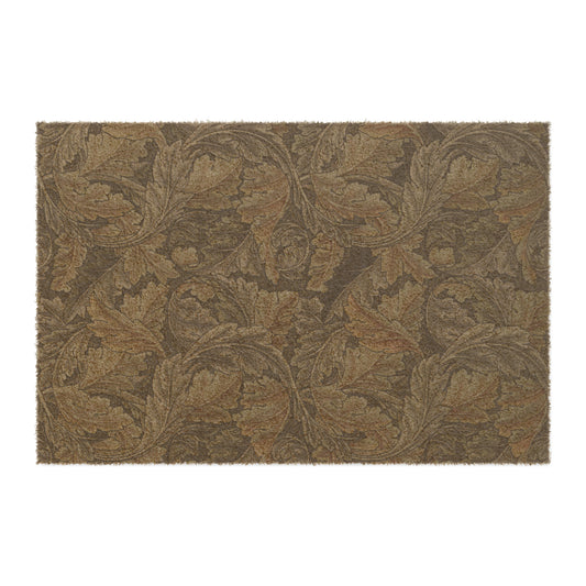 A rectangular doormat with an intricate grey pattern inspired by William Morris's designs, featuring a leaf motif. The doormat has a coarse texture and a black vinyl backing.