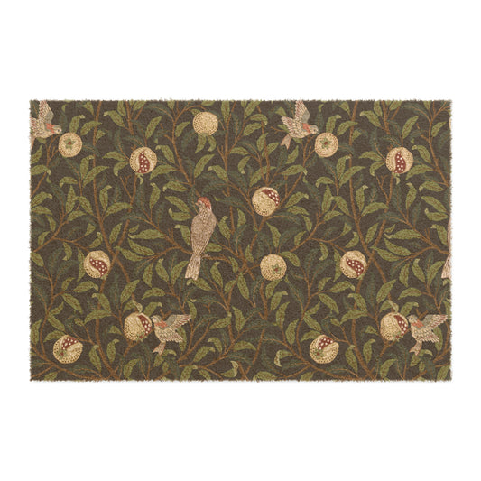 Coconut Coir Doormat inspired by William Morris - Bird and Pomegranate Collection (Onyx) in black and green floral pattern