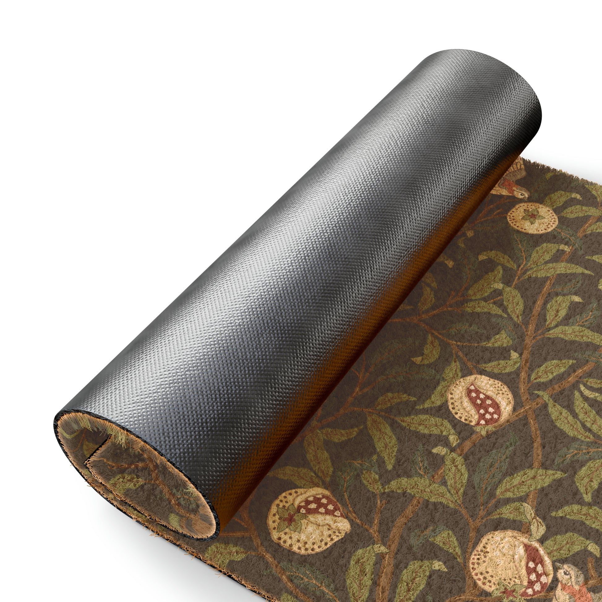 Coconut Coir Doormat inspired by William Morris - Bird and Pomegranate Collection (Onyx) in black and green floral pattern