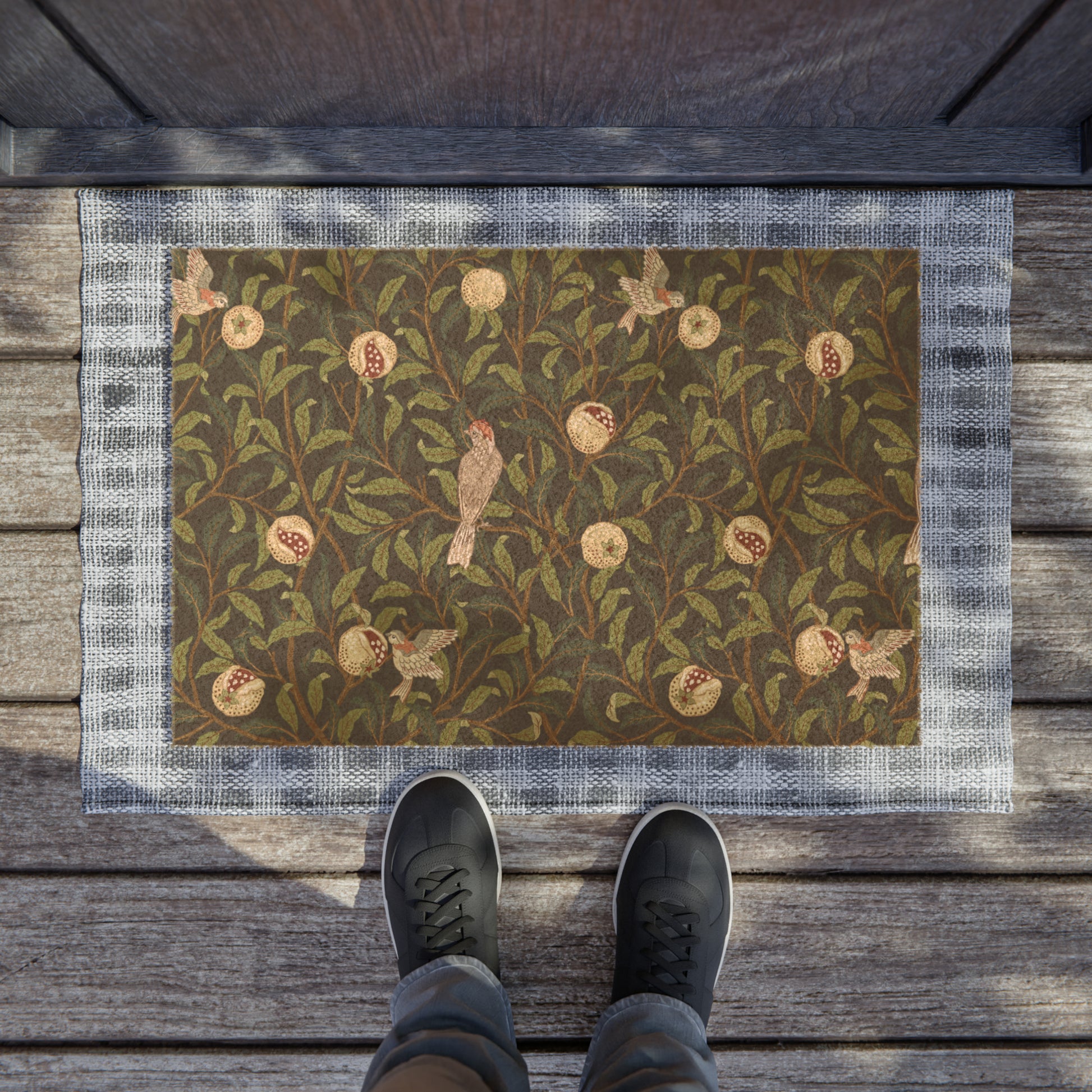 Coconut Coir Doormat inspired by William Morris - Bird and Pomegranate Collection (Onyx) in black and green floral pattern