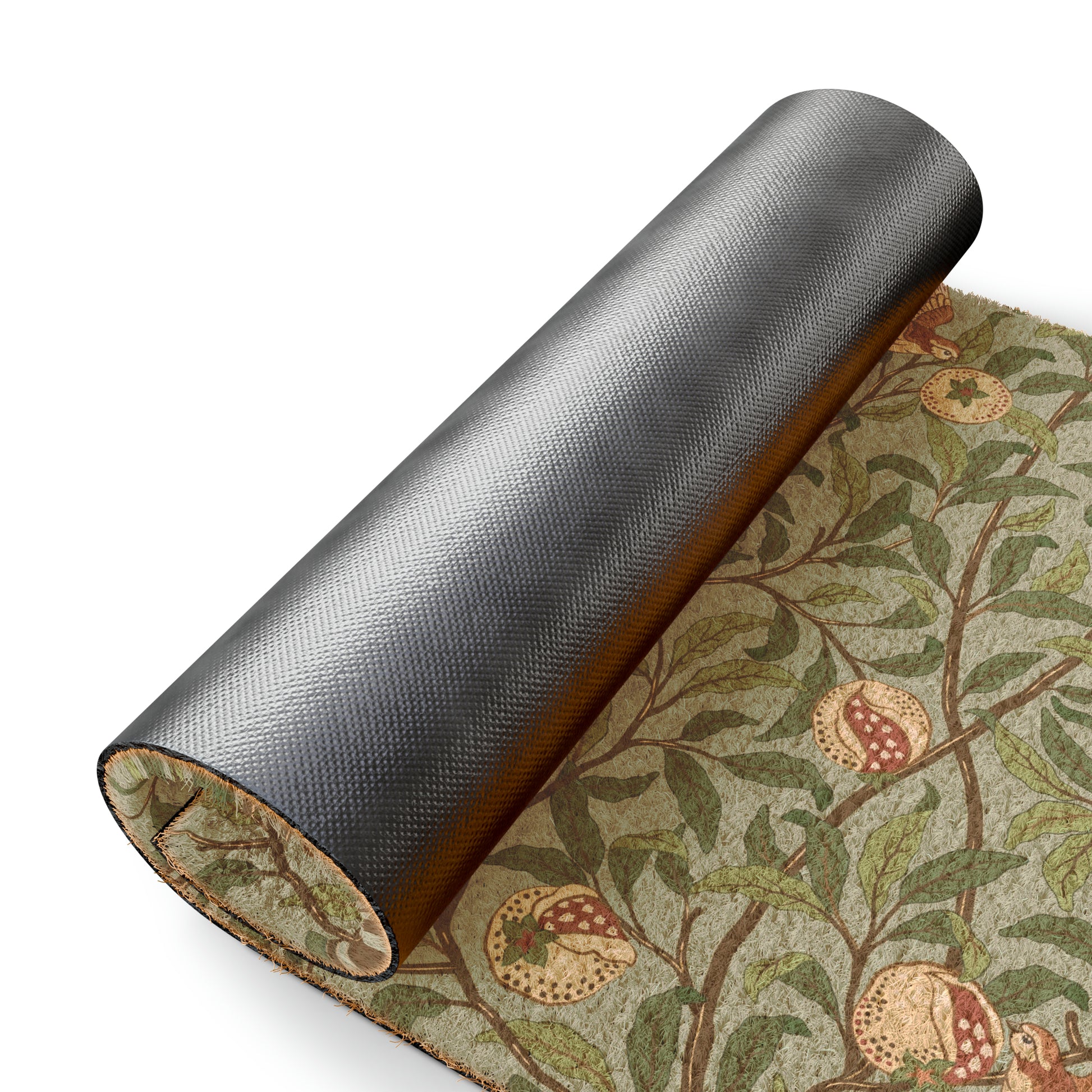 A rectangular coconut coir doormat with an intricate William Morris-inspired bird and pomegranate design in tiffany blue and green colours.