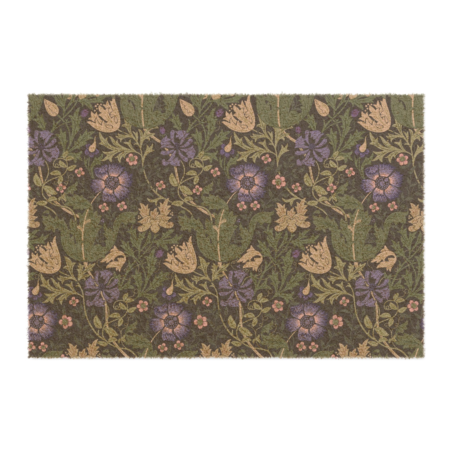 A rectangular coconut coir doormat with an intricate floral pattern in shades of purple, green, and beige, featuring a tufted coir coconut fiber texture and a black vinyl backing.