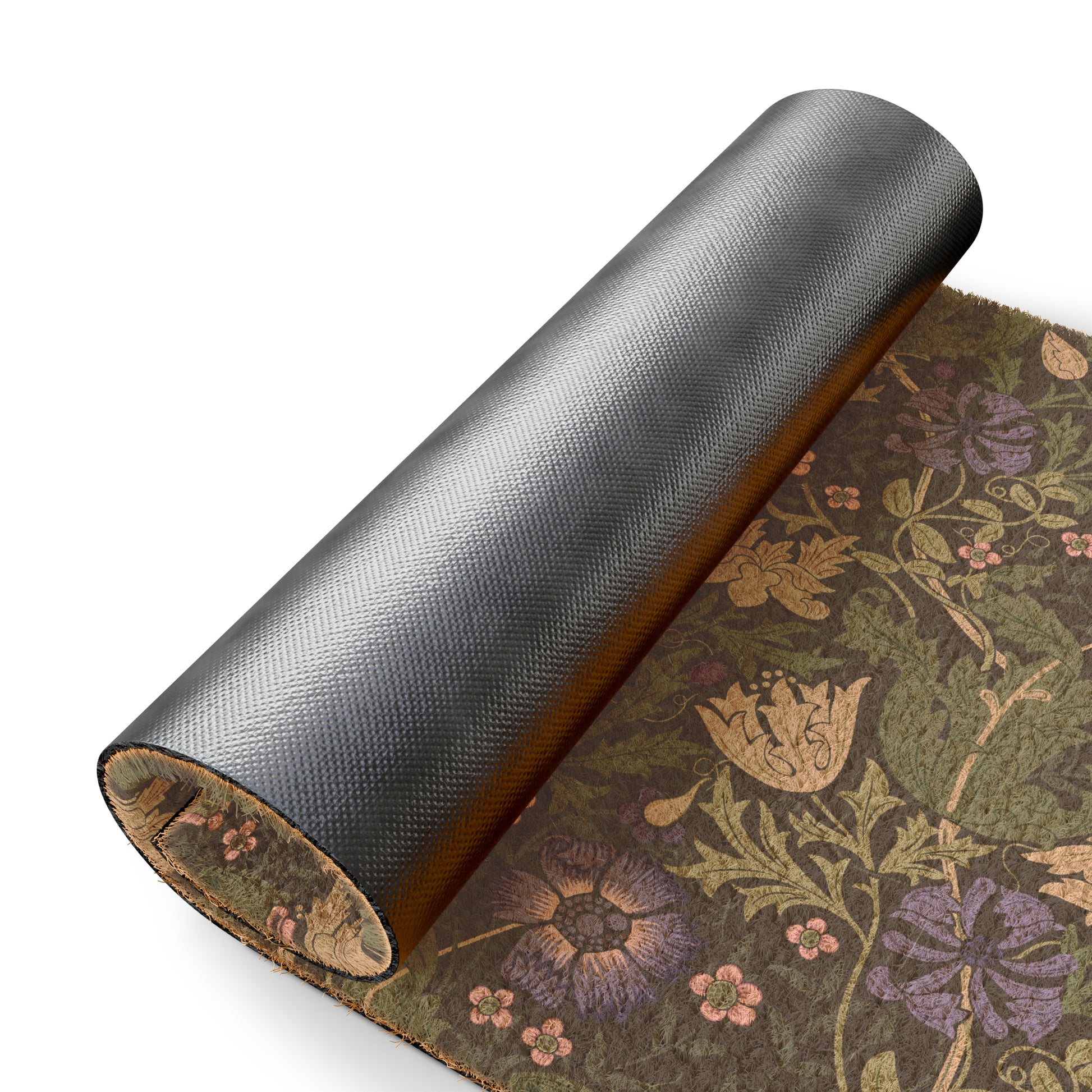 A rectangular coconut coir doormat with an intricate floral pattern in shades of purple, green, and beige, featuring a tufted coir coconut fiber texture and a black vinyl backing.