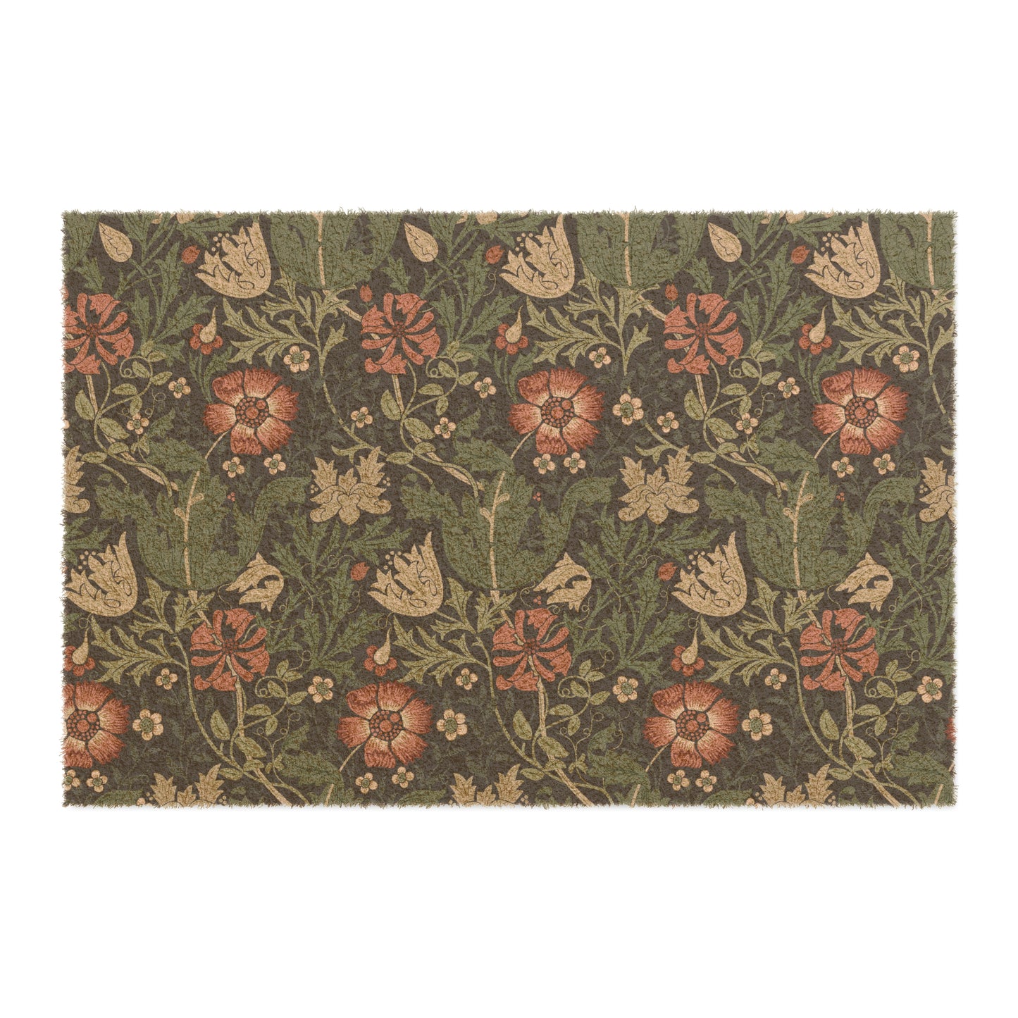 A rectangular coconut coir doormat with a floral pattern inspired by William Morris's designs, featuring a green background with multi-coloured flowers.