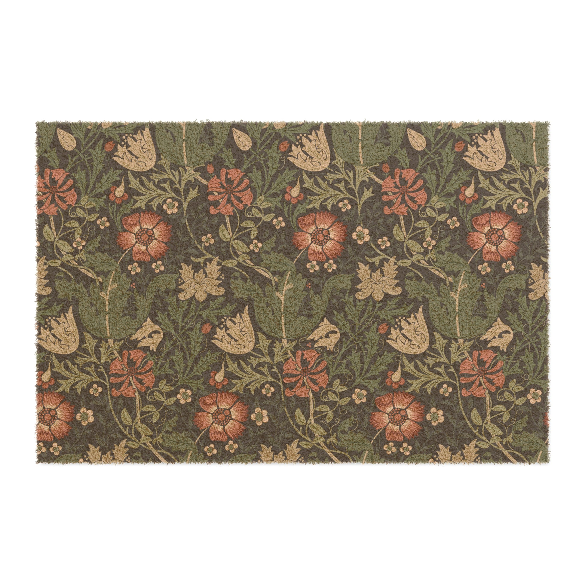 A rectangular coconut coir doormat with a floral pattern inspired by William Morris's designs, featuring a green background with multi-coloured flowers.