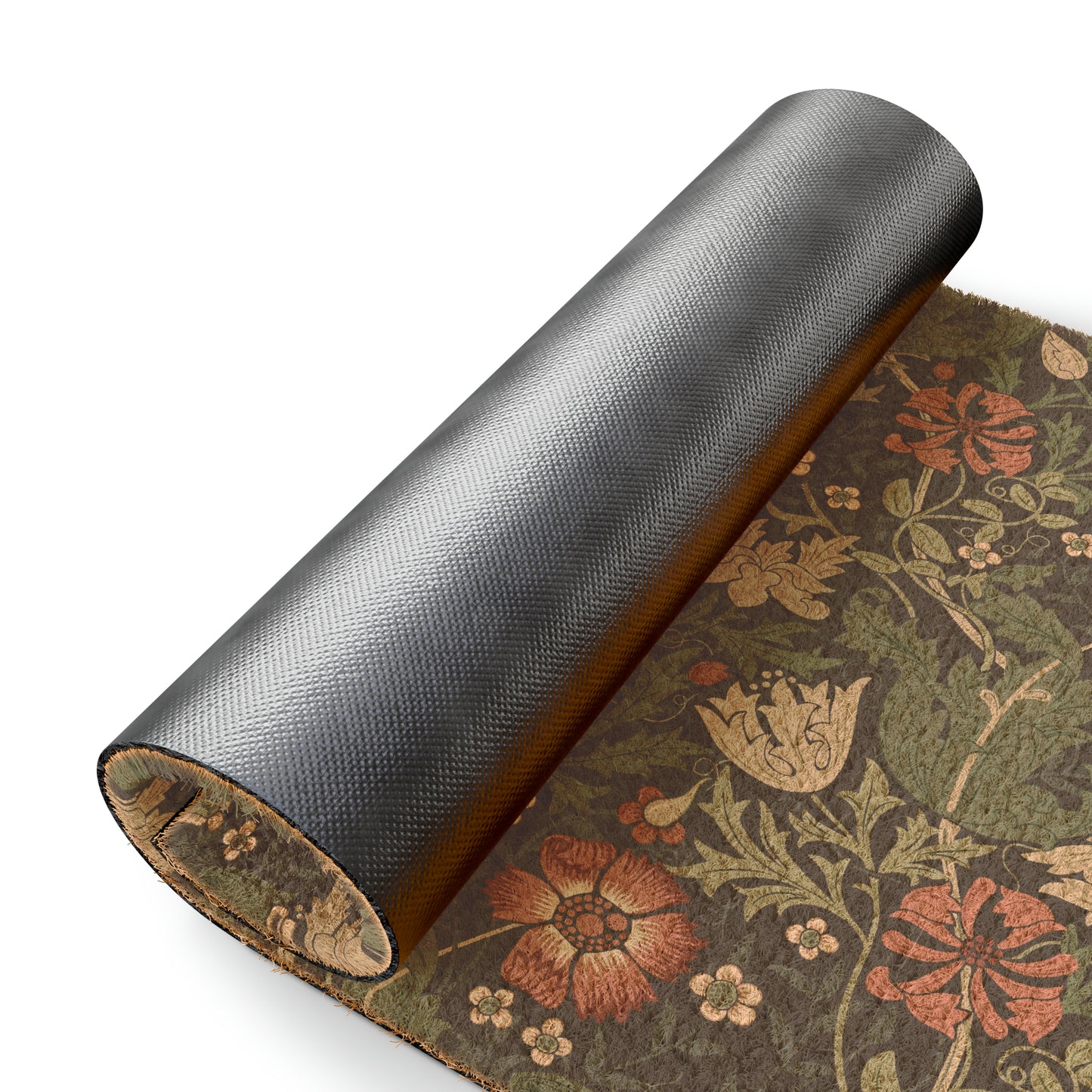 A rectangular coconut coir doormat with a floral pattern inspired by William Morris's designs, featuring a green background with multi-coloured flowers.