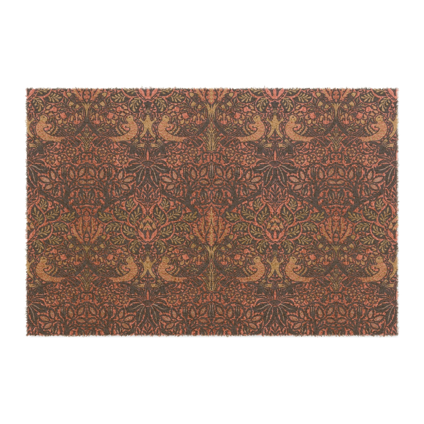 A rectangular coconut coir doormat with an intricate floral and bird William Morris & Co pattern design, primarily in pink, purple and brown colours.