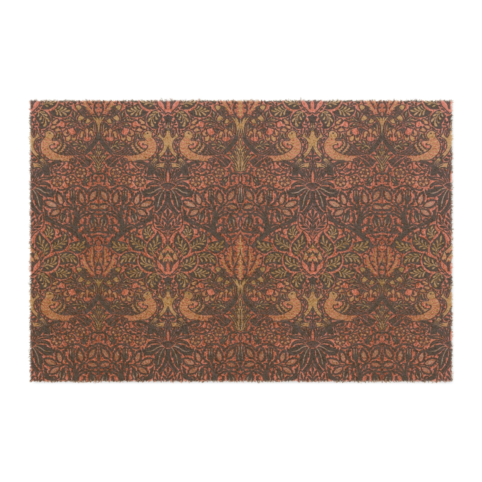 A rectangular coconut coir doormat with an intricate floral and bird William Morris & Co pattern design, primarily in pink, purple and brown colours.