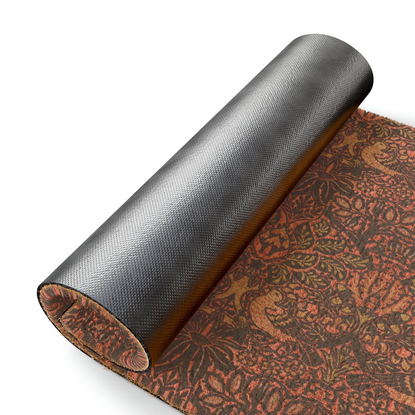 A rectangular coconut coir doormat with an intricate floral and bird William Morris & Co pattern design, primarily in pink, purple and brown colours.