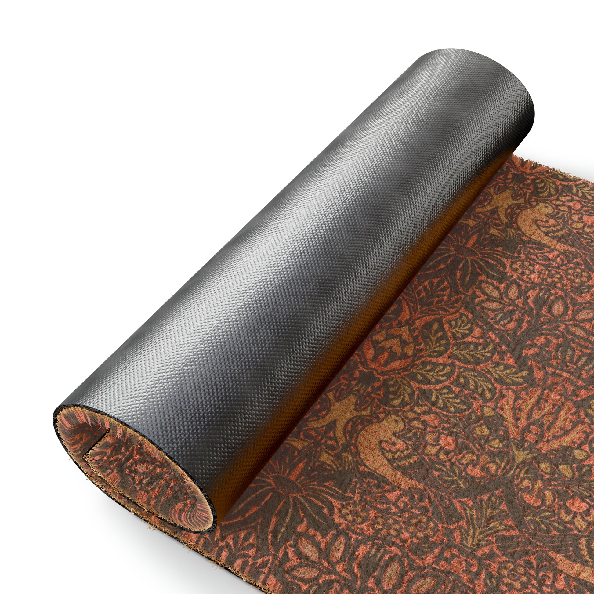 A rectangular coconut coir doormat with an intricate floral and bird William Morris & Co pattern design, primarily in pink, purple and brown colours.