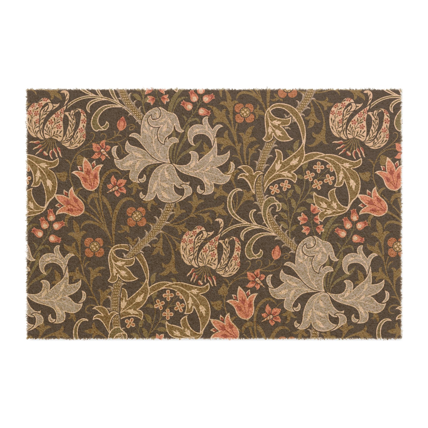 Coconut Coir Doormat inspired by William Morris & Co in a pattern of Golden Lily Collection (Midnight) in black, green and red