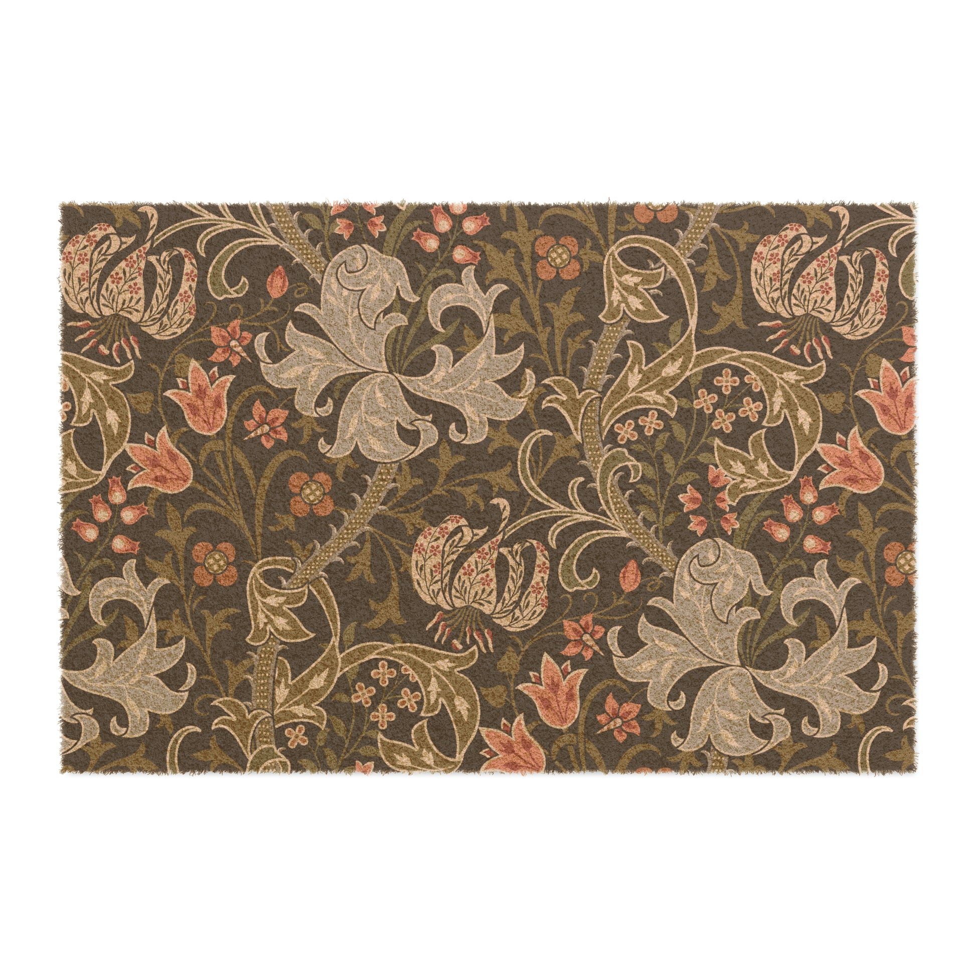 Coconut Coir Doormat inspired by William Morris & Co in a pattern of Golden Lily Collection (Midnight) in black, green and red