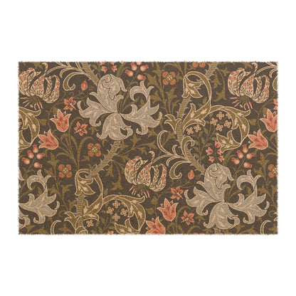 Coconut Coir Doormat inspired by William Morris & Co in a pattern of Golden Lily Collection (Midnight) in black, green and red
