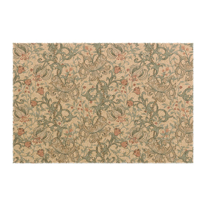 A rectangular coconut coir doormat with an intricate floral and geometric pattern in a mineral colour, inspired by William Morris design.