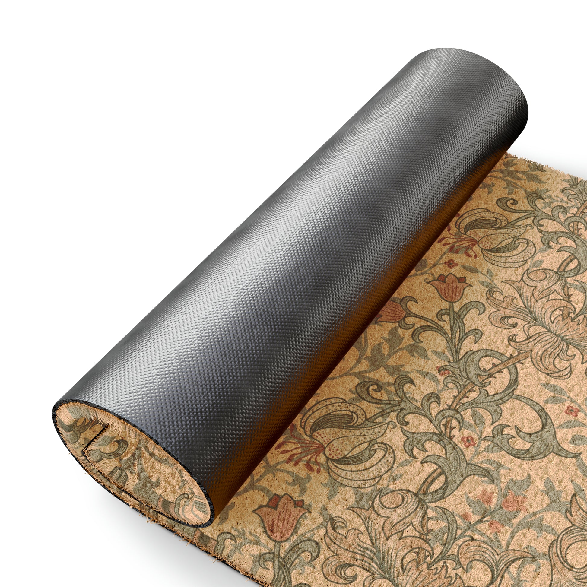 A rectangular coconut coir doormat with an intricate floral and geometric pattern in a mineral colour, inspired by William Morris design.