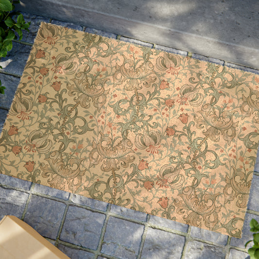 A rectangular coconut coir doormat with an intricate floral and geometric pattern in a mineral colour, inspired by William Morris design.