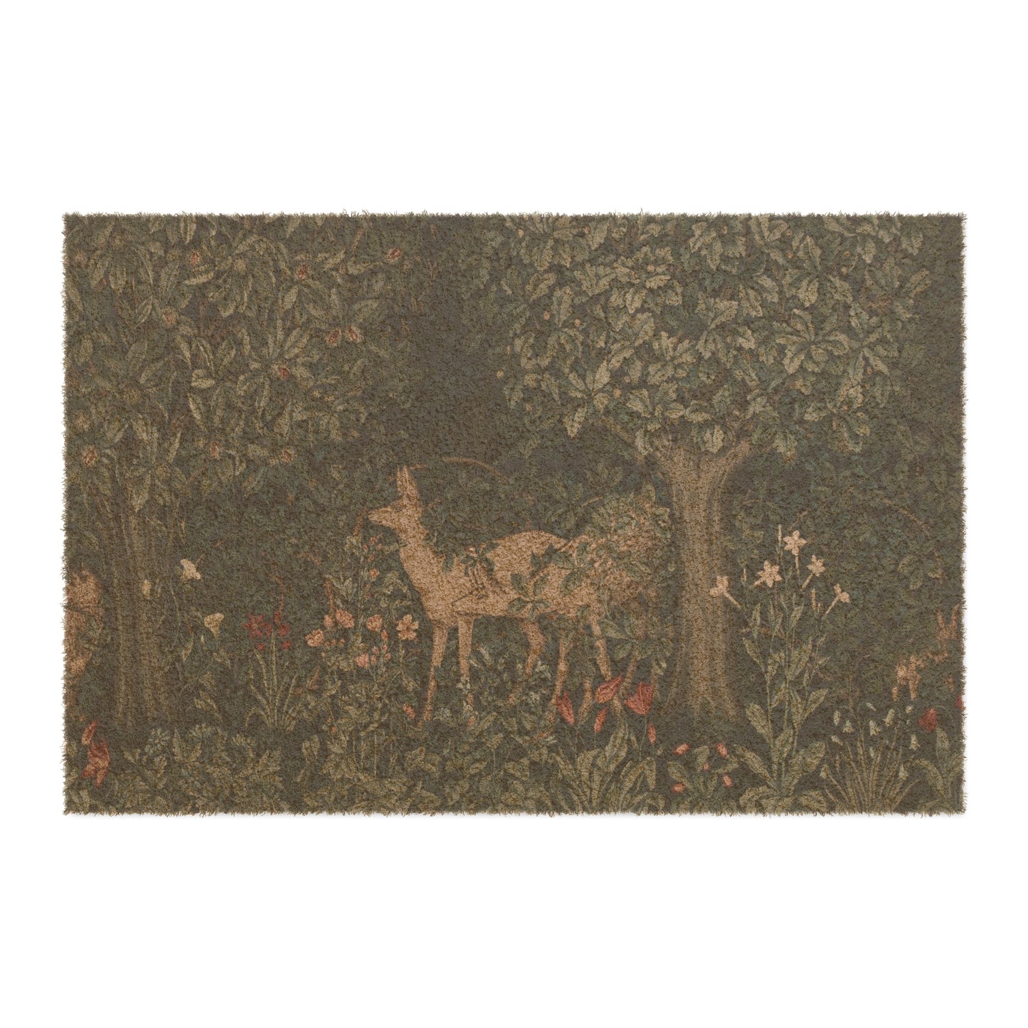 A rectangular coconut coir doormat featuring an intricate floral design with a central deer, inspired by the William Morris - Greenery Collection.