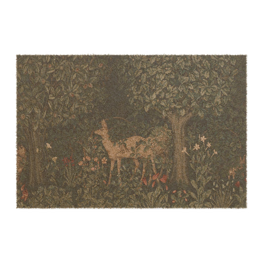 A rectangular coconut coir doormat featuring an intricate floral design with a central deer, inspired by the William Morris - Greenery Collection.