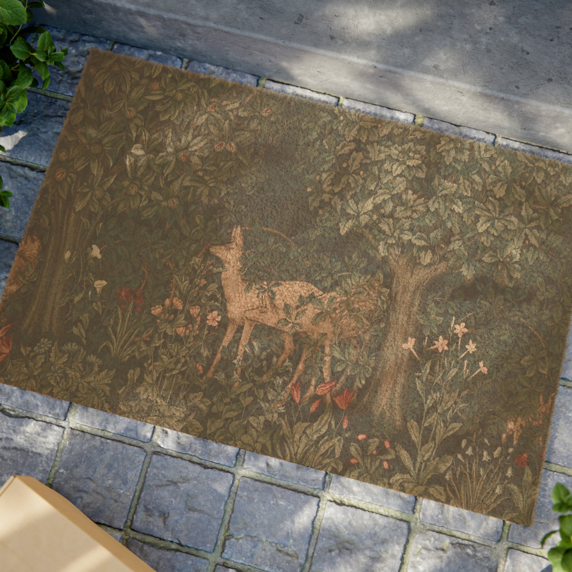 A rectangular coconut coir doormat featuring an intricate floral design with a central deer, inspired by the William Morris - Greenery Collection.