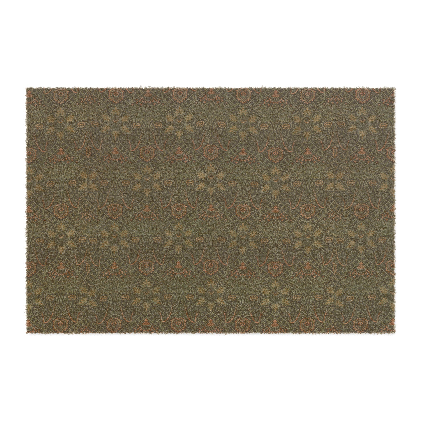 A rectangular coconut coir doormat with an intricate geometric William Morris & Co pattern and a solid brown colour.