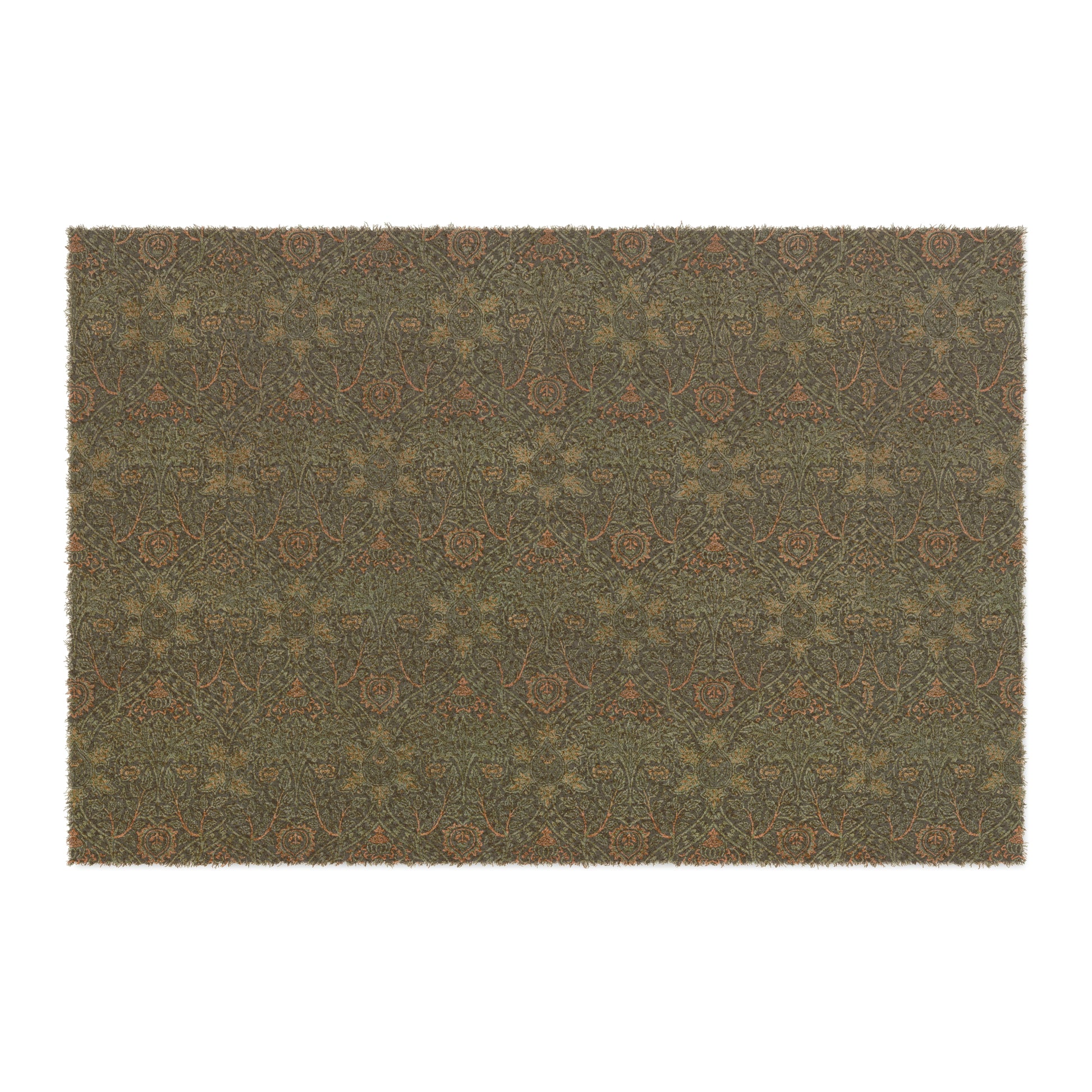 A rectangular coconut coir doormat with an intricate geometric William Morris & Co pattern and a solid brown colour.
