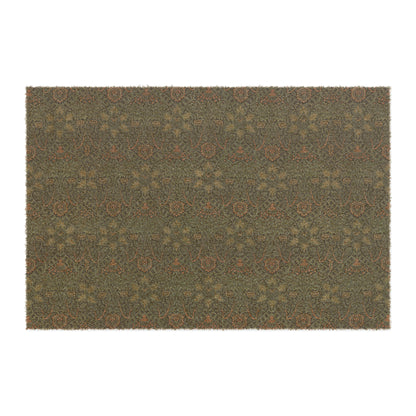 A rectangular coconut coir doormat with an intricate geometric William Morris & Co pattern and a solid brown colour.