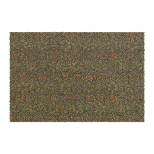 A rectangular coconut coir doormat with an intricate geometric William Morris & Co pattern and a solid brown colour.